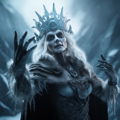 Portrait of Alara Moonwreath, A witch residing deep within the heart of the Everfrost Mountains. Alara is responsible for the eternal snowstorm which sweeps the cost that she creates to ensure her own eternal solitude.